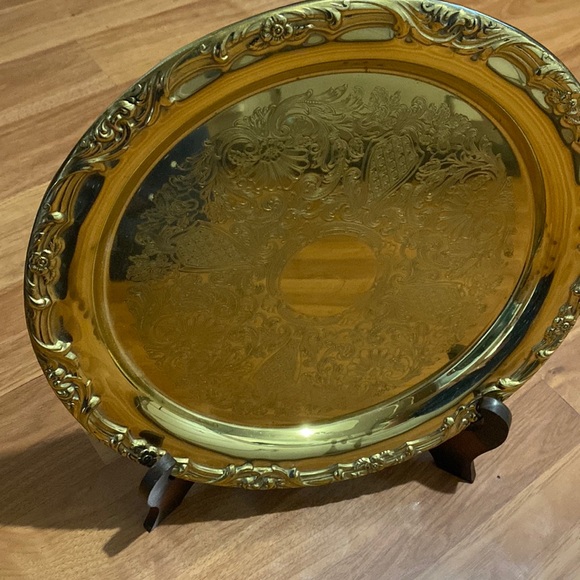 Vintage Floral Etched Brass Tray | Gold Tone Floral Tray | Etched Brass Tray - Picture 3 of 8